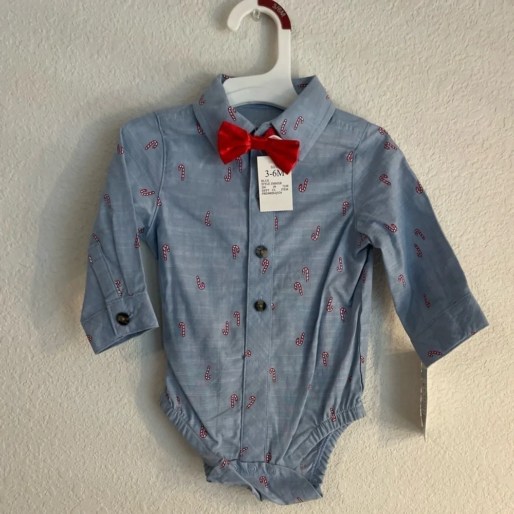 Cat and Jack Baby Blue Button-Up Onesie with Red Bow Tie -candy cane print 3/6M